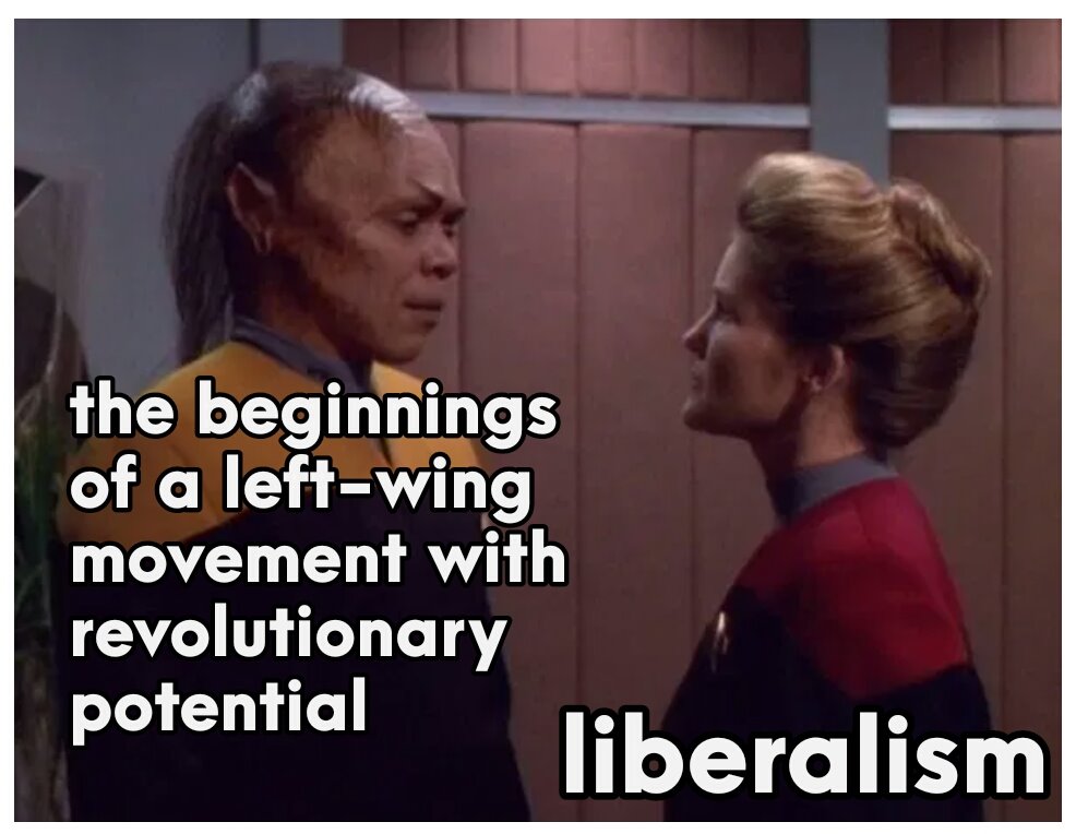 This meme is a play on the Star Trek: The Next Generation character Data's iconic line "Tea, Earl Grey, Hot" from the episode "The Tea, Earl Grey, Hot" (Season 3, Episode 20). The meme replaces the phrase with "Tea, Left Wing, Hot" and shows Data and Deanna Troi from the show. The text in the image reads "The Left Wing, Hot" and is a humorous take on the character's signature phrase, replacing it with a left-wing political ideology.